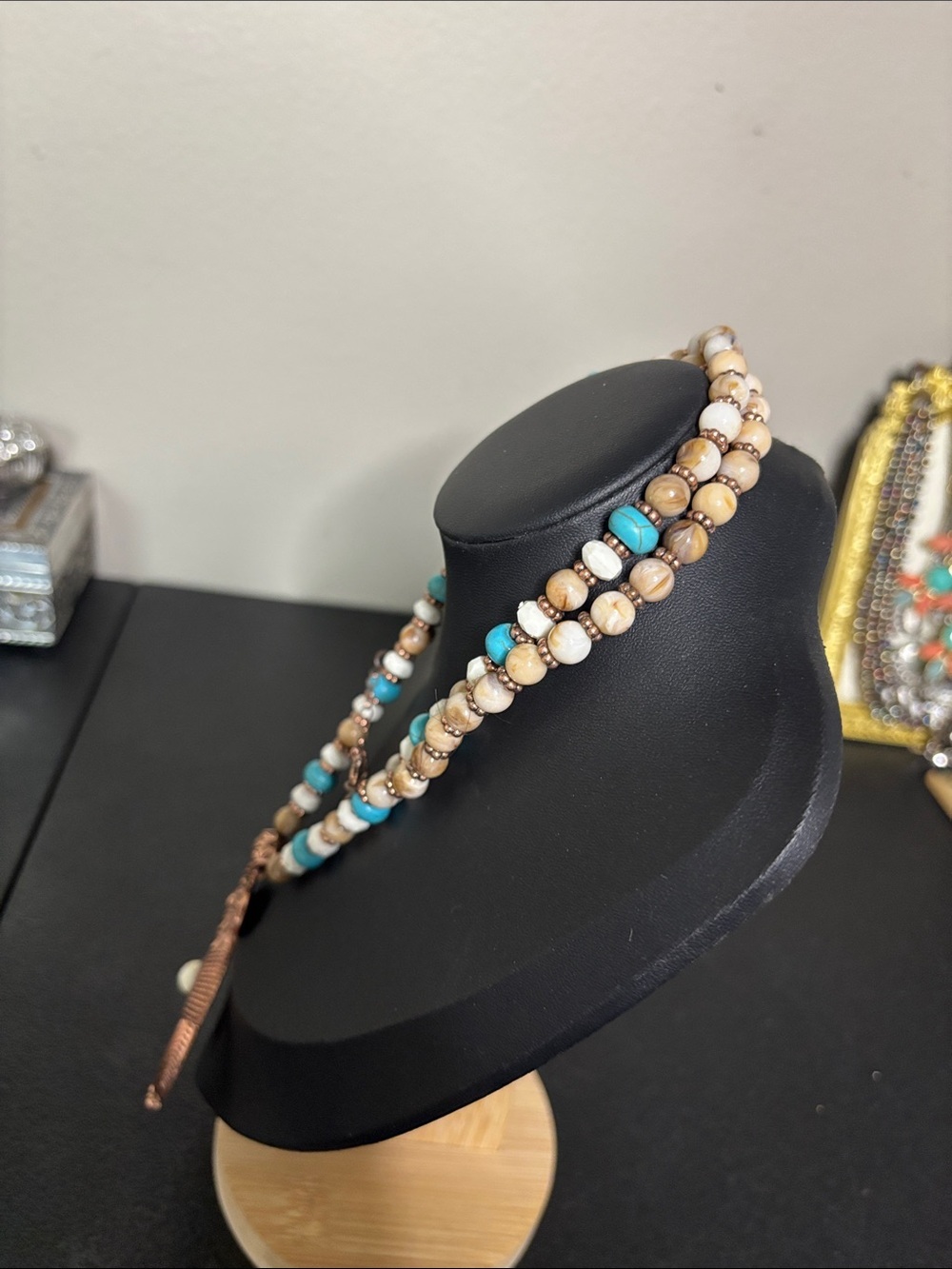 Shyanne Bohemian Turquoise & Cream Beaded Pendant Western Statement Necklace - Picture 4 of 7